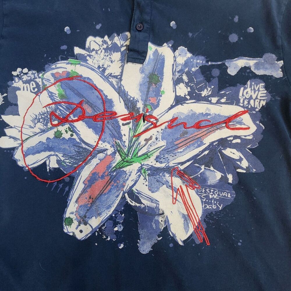 Desigual Mens Polo Shirt-Bold Floral Abstract Graphic-Embroidery Spellout-XL-2X* - Picture 2 of 12